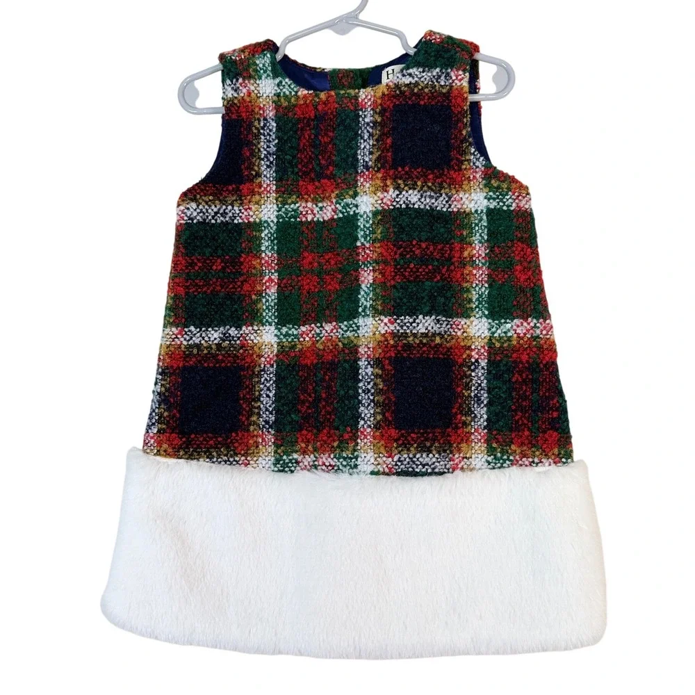 Hatley Girls 3T Plaid Holiday Dress Faux Fur Hem Red Green Tartan Christmas